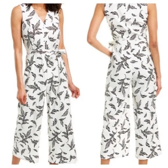 T Tahari Pants - Tahari Linen Leaf Embroidered Sleeveless Stretch Jumpsuit Ivory/Black